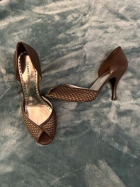 Gianni Bini Bronze Brown Woven Peep-Toe Stiletto Heels